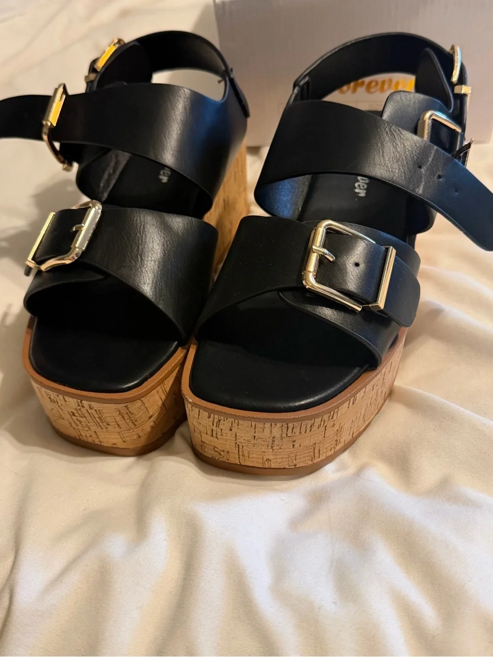Fashion Nova Black Cork Platform Sandals with Buckle Straps